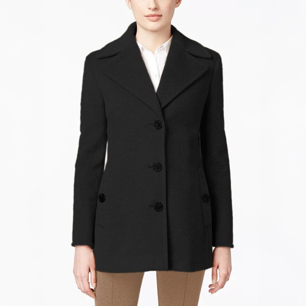 Calvin Klein Wool-Cashmere Blend Single Breasted Peacoat in Black - sz 14 Petite